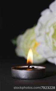 Black candle with black background and white rose