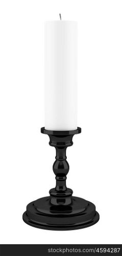 black candlestick with candle isolated on white background. 3d illustration