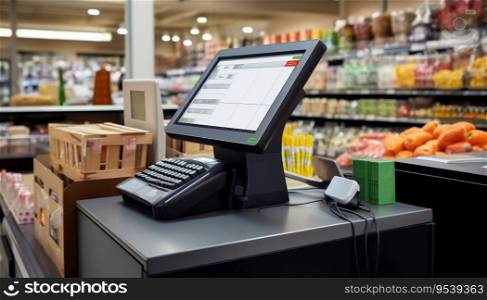 Black cash register with a blank computer monitor screen at the bar. Black cash register with a blank computer monitor screen