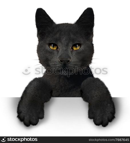 Black cat as a symbol for superstition and an animal with a horizontal blank sign representing halloween announcement made by a pet belonging to a witch.