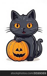 black cat on a white background with halloween pumpkins