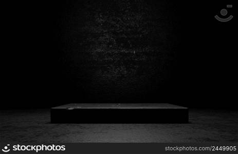 Black cement and concrete stage podium with spotlight and dark grunge wall background. Abstract and object for advertising concept. 3D illustration rendering