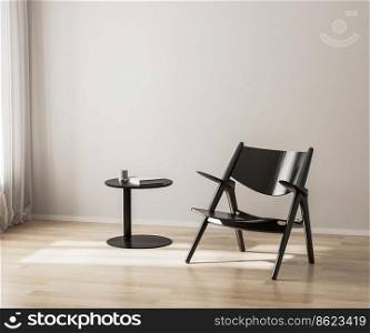 Black chair and black coffee table with book on wooden floor, white wall, 3d render
