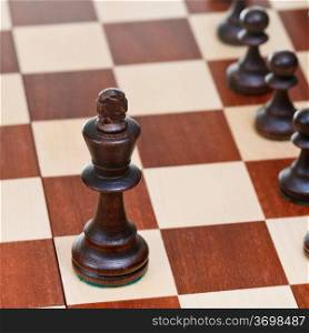 Black chess king in front of pawns on the chessboard