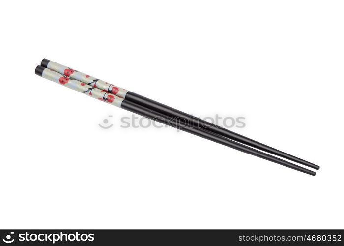 Black Chopsticks with flowers isolated on white background
