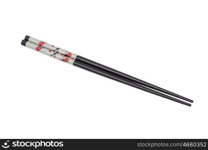 Black Chopsticks with flowers isolated on white background