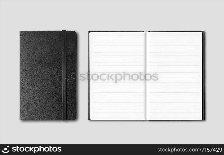 Black closed and open notebooks mockup isolated on grey. Black closed and open notebooks isolated on grey