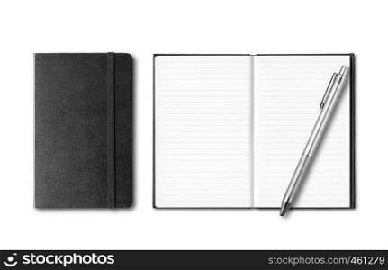 Black closed and open notebooks with pen isolated on white background. Black closed and open notebooks with pen isolated on white