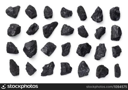 Black coal collection isolated on white background. Top view, flat lay