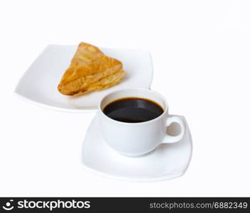 black coffee and pie for breakfast on white background