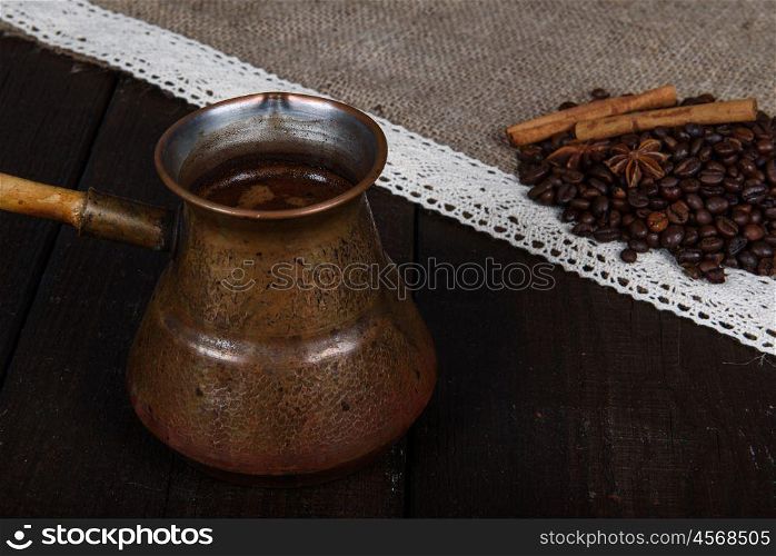 black coffee in turk with cinnamon and star anise
