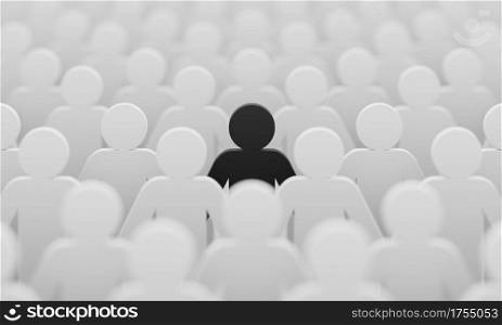 Black color figurine among crowd white people background. Social lifestyle and business competition and strange person concept. Human character symbol theme. 3D illustration rendering.