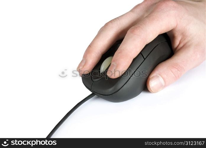 black computer mouse and hand