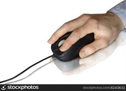 black computer mouse and hand on white