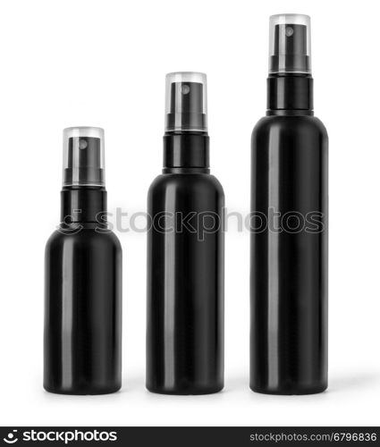 Black cosmetic spray bottles set isolated on white background
