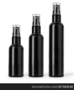 Black cosmetic spray bottles set isolated on white background
