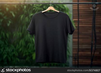 Black cotton T-shirt hanging on a hanger, place for text, direction of light. Black cotton T-shirt hanging on a hanger, a place for text