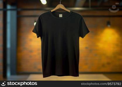 Black cotton T-shirt hanging on a hanger, place for text, direction of light. Black cotton T-shirt hanging on a hanger, a place for text