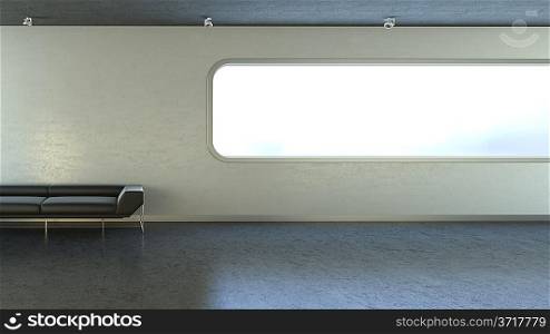 Black couch in interior wall window copyspace (hitech interior with copyspaces on wall and window series)