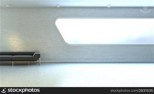 Black couch in interrior wall window copyspace (hitech interior series)