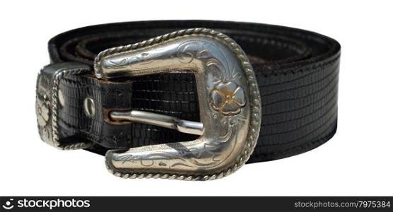 Black cowboy leather belt with silver floral buckle