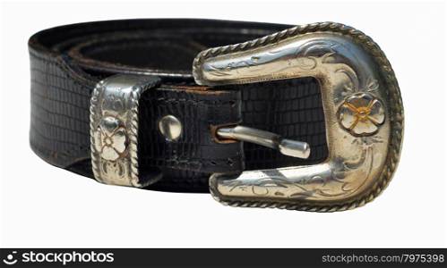 Black cowboy leather belt with silver floral buckle