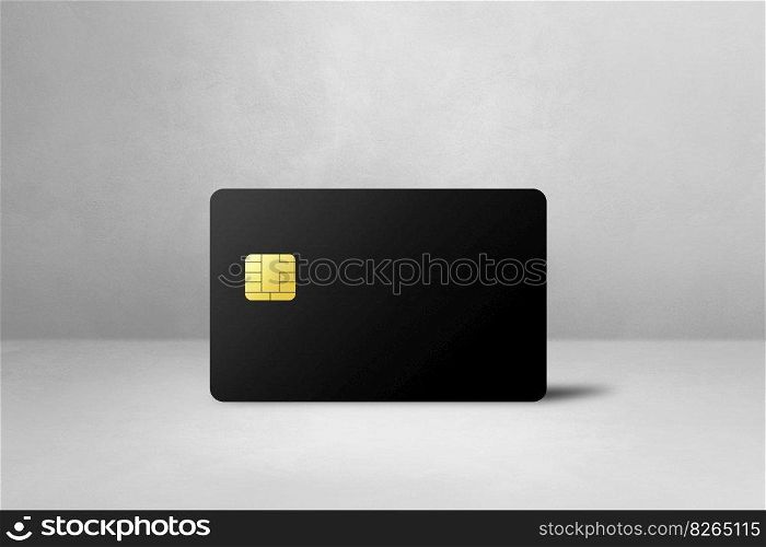 Black credit card template on a white concrete background. 3D illustration. Black credit card on a white concrete background