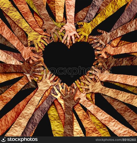 Black cultural or African Culture Love and Black History month awareness as diverse hands shaped as a heart for united diversity or multi-cultural partnership in a group of multicultural people connected together in respect as a support for teamwork and togetherness.