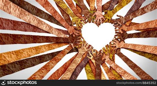 Black Culture Love  and Black History month awareness as diverse hands shaped as a heart for united diversity or multi-cultural partnership in a group of multicultural people connected together in respect as a support symbol expressing the feeling of teamwork and togetherness.