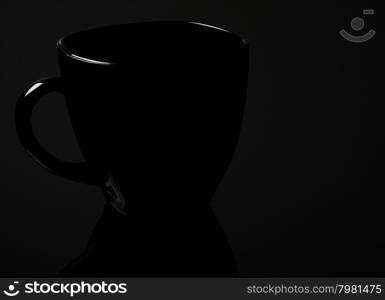Black cup of a mirror at the bottom, gently lit, isolated on a black background.Horizontal view.