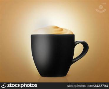 black cup of cappuccino with big foam on golden background.
