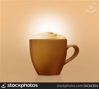 black cup of cappuccino with big foam on golden background.