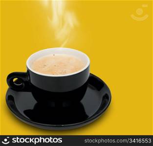 Black Cup of Smoking Coffee on Yellow Background