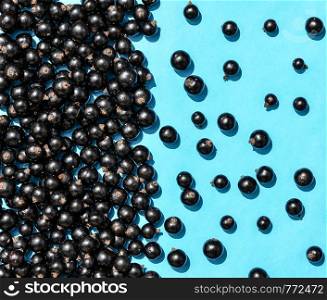 Black currant berries macro photo. Top view. Black currant on blue background. Summer berries. Flat lay