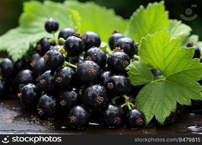 Black currants growing on a bush in the garden. Generative AI