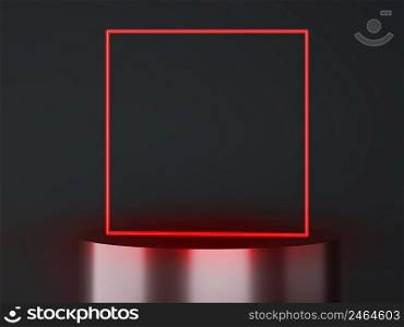 Black cylinder shape of product display with neon light frames, Technology and futuristic concepts, Podium, Stand, 3D.. Black cylinder shape of product display with neon light frames, Technology and futuristic concepts, Podium, Stand, 3D Rendering.