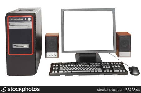 black desktop computer, display with cutout screen, keyboard, mouse, speakers isolated on white background