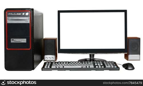 black desktop computer, widescreen display with cutout screen, keyboard, mouse, speakers isolated on white background