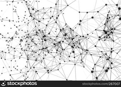 Black digital data and network connection triangle lines and spheres in futuristic technology concept on white background, 3d abstract illustration