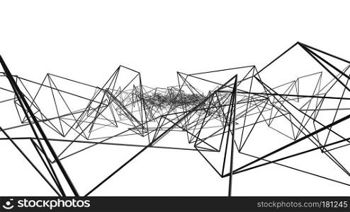 Black digital data and network connection triangle lines in technology concept on white background, 3d abstract illustration