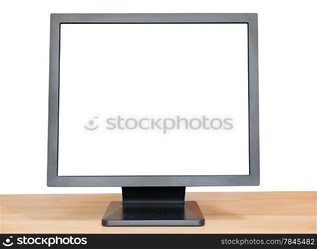 black display with cut out screen on wooden table isolated on white background