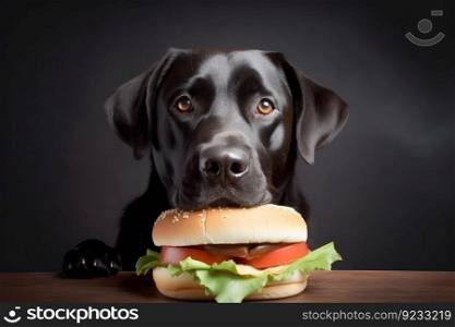 Black dog care hamburger. Dinner canine. Generate AI. Black dog care hamburger. Generate AI