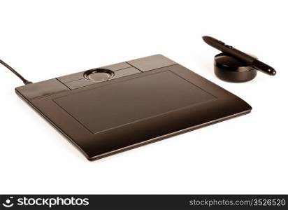 black drawing tablet with pen isolated on white