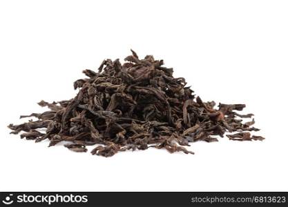 Black dry tea leaves isolated on white background