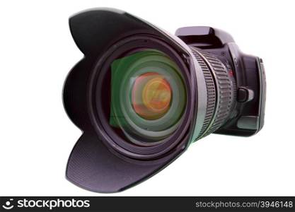 Black DSLR camera isolated over white backgrouhnd