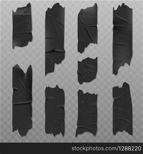 Black duct adhesive tape realistic vector illustration isolated on a transparent background. Badly glued with wrinkles, torn pieces of sticky scotch. Black duct adhesive tape realistic illustration