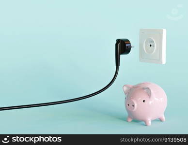 Black electrical plug, electric socket and piggy bank. Ready to connect. Free, copy space for your text, advertising. Save electricity, electricity is getting more expensive. 3d rendering. Black electrical plug, electric socket and piggy bank. Ready to connect. Free, copy space for your text, advertising. Save electricity, electricity is getting more expensive. 3d rendering.