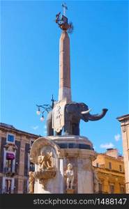 Black elephant with obelisk on its back in Piazza del Duomo in Catania - symbol of the city of Catania, Italy. Giovanni Battista Vaccarini, 1736
