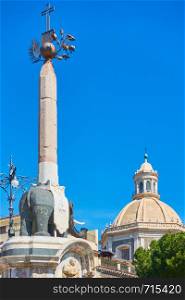 Black elpehant with obelisk on its back in Piazza del Duomo in Catania - symbol of the city of Catania. Sicily, Italy. Created by the architect Giovanni Battista Vaccarini around the 1736