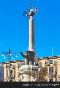 Black elpehant with obelisk on its back in Piazza del Duomo in Catania - symbol of the city of Catania, Italy. Created by the architect Giovanni Battista Vaccarini around the 1736